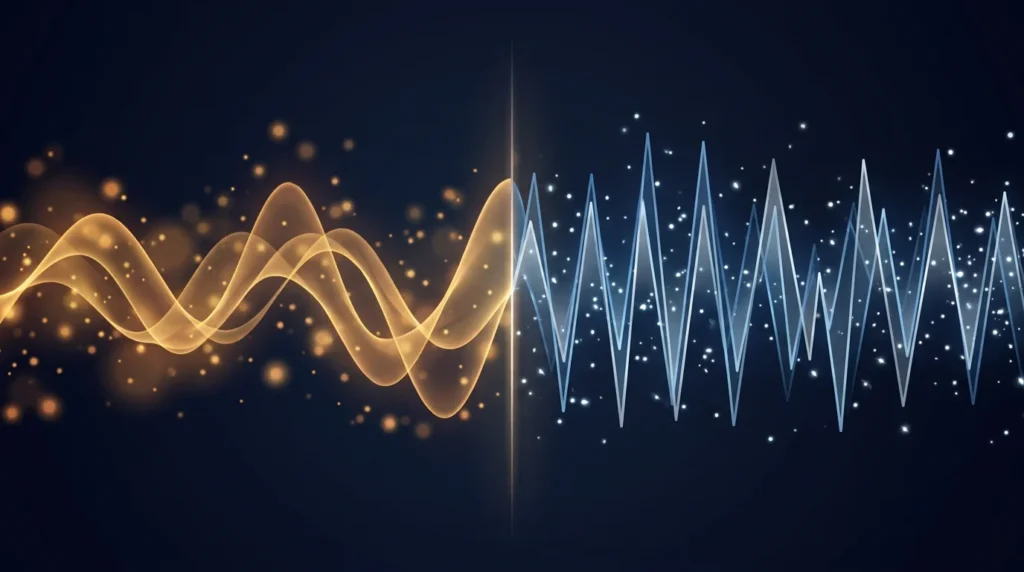 432 Hz vs 440 Hz Frequenzvergleich warme goldene und kuehle blaue Schwingungen