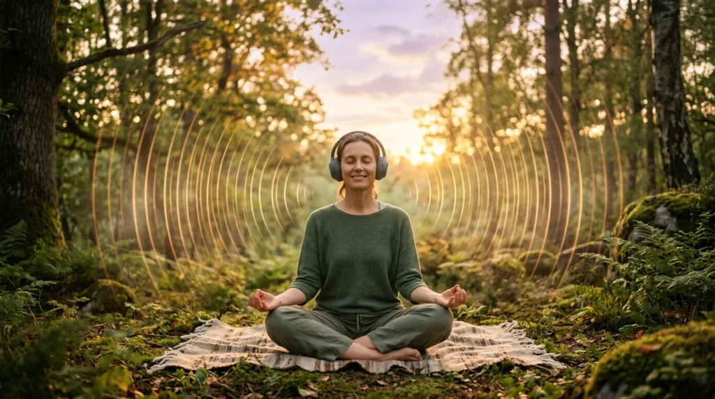 Person meditiert mit Kopfhoerern in der Natur und hoert 432 Hz Musik zur Entspannung