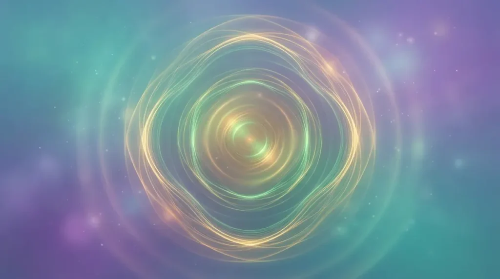 528 Hz Frequenz - abstrakte goldene und grüne Schallwellen als Symbol für die Liebesfrequenz und Heilfrequenzen