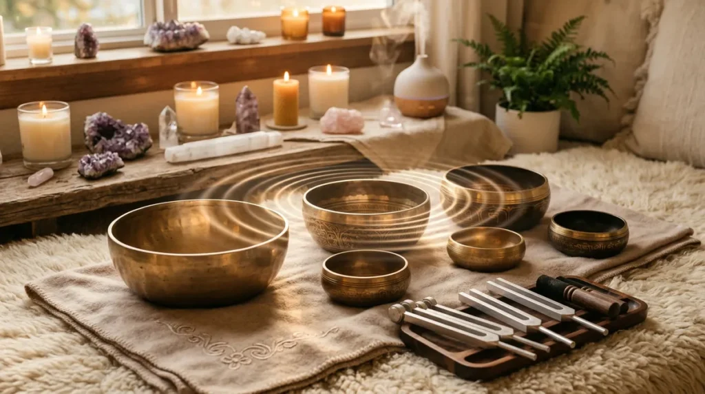 Klangschalen und Stimmgabeln fuer die Klangtherapie mit 528 Hz Heilfrequenzen