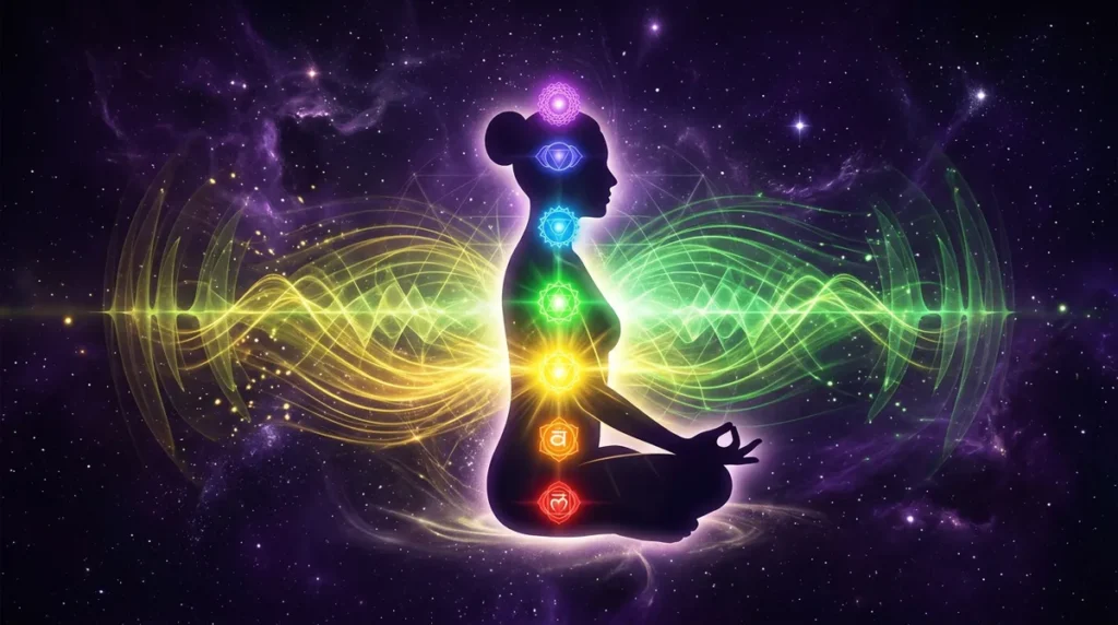 Chakra-System mit Fokus auf Solarplexus und Herzchakra bei 528 Hz Meditation