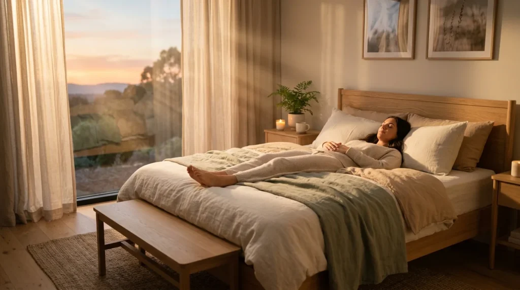 Autogenes Training zum Einschlafen Person entspannt im Bett Abenddaemmerung