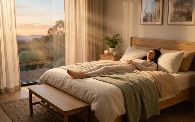 Autogenes Training zum Einschlafen Person entspannt im Bett Abenddaemmerung