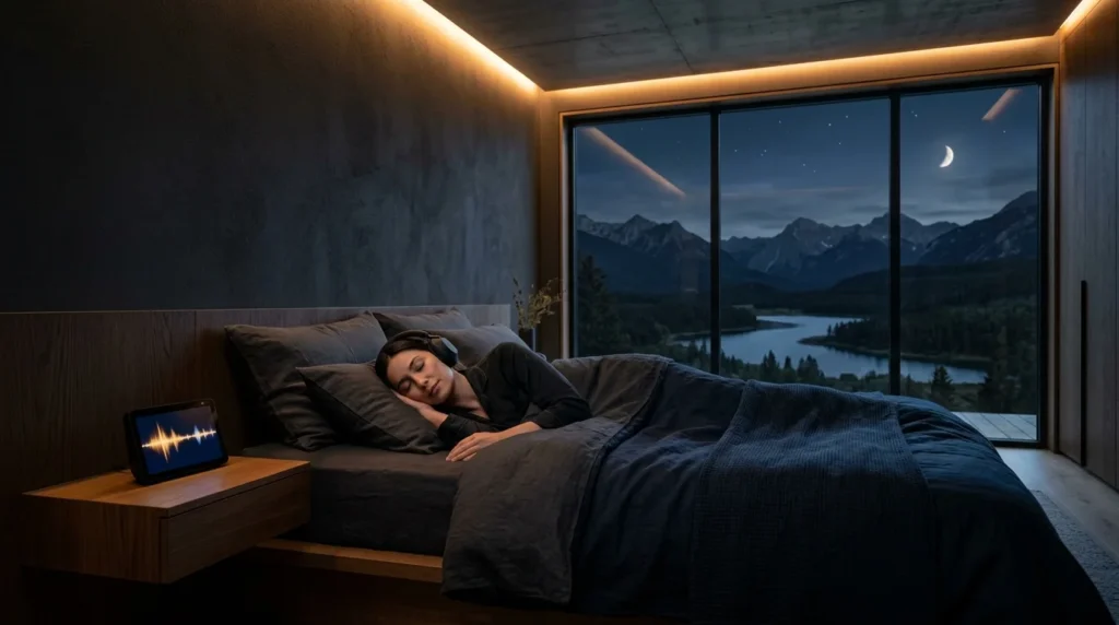 Schlafzimmer bei Nacht Person mit Kopfhoerern Autogenes Training Audio