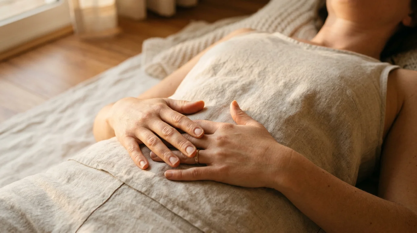 Hände auf dem Bauch während Body Scan Meditation - achtsame Körperwahrnehmung