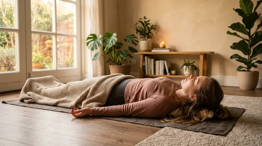 Frau liegt entspannt in Shavasana auf einer Yogamatte bei der Body Scan Meditation