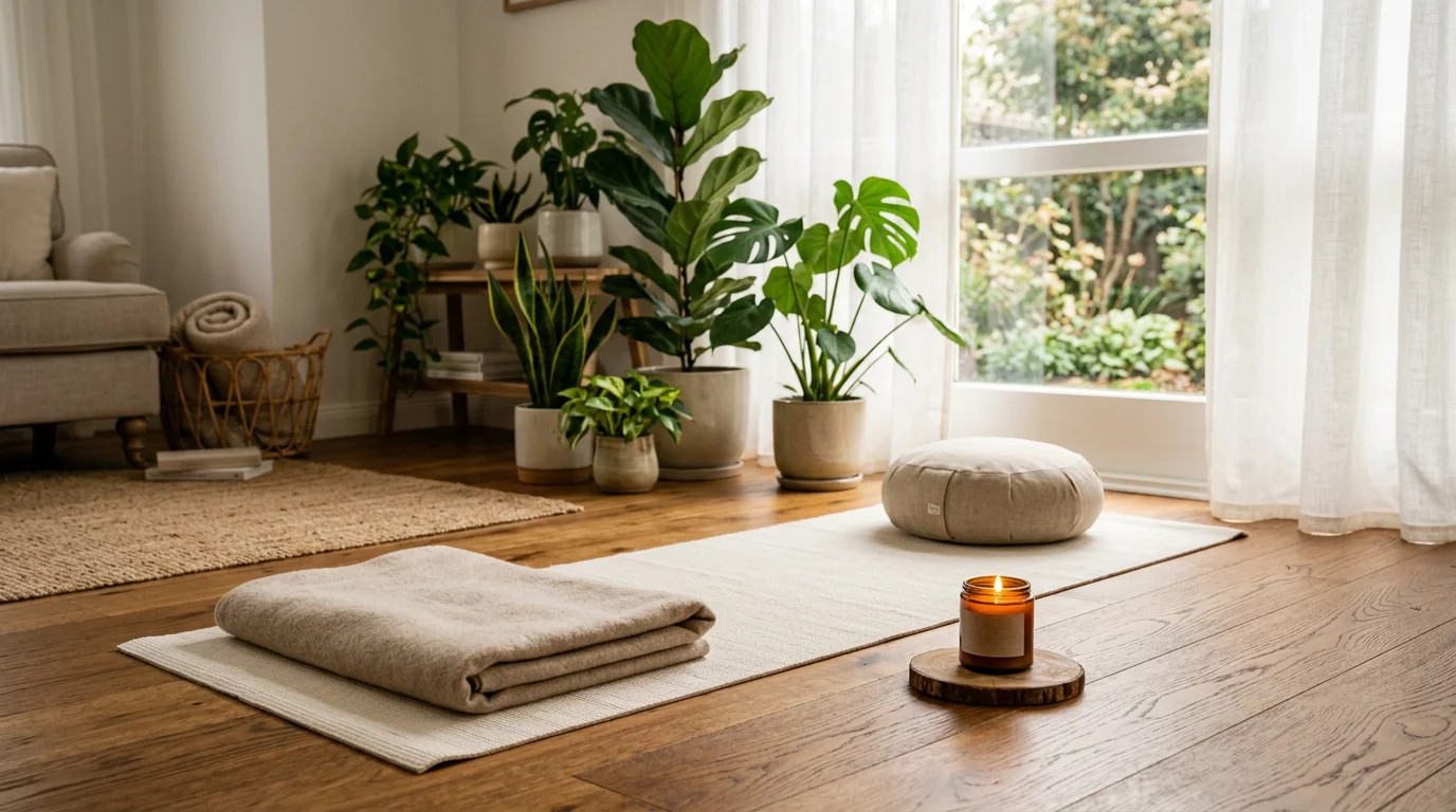 Gemütlicher Übungsplatz zu Hause für Body Scan Meditation mit Yogamatte und Decke
