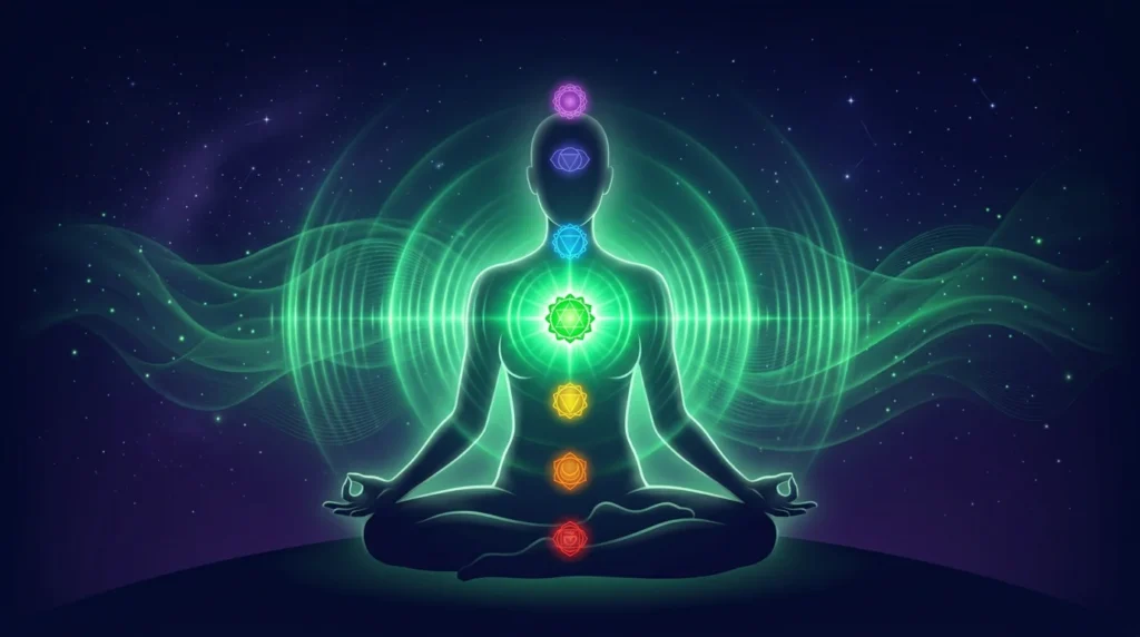 639 Hz Solfeggio Frequenz Herzchakra gruene Klangwellen sieben Chakren Koerper