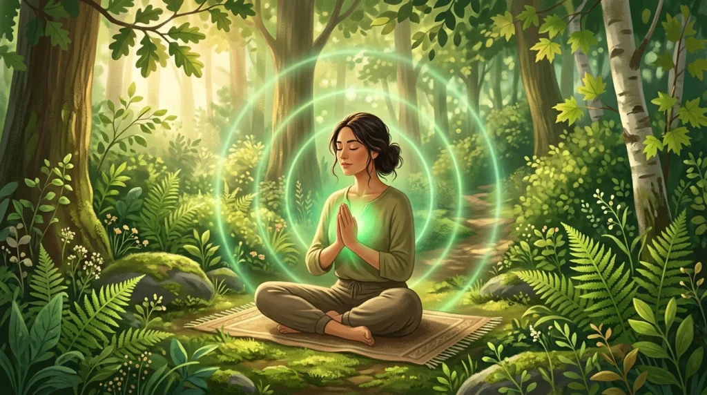 Person meditiert Herzchakra Meditation gruenes Licht Brust Natur Entspannung