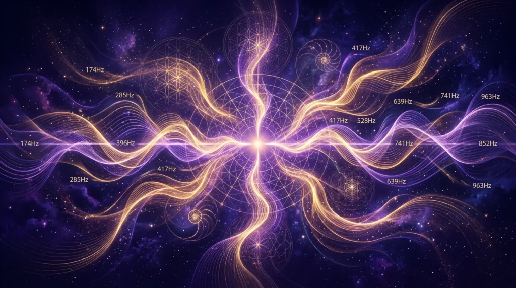 Solfeggio Frequenzen Visualisierung goldene und violette Klangwellen Heilfrequenzen