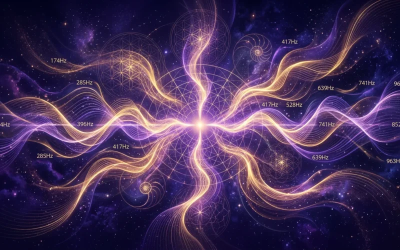 Solfeggio Frequenzen Visualisierung goldene und violette Klangwellen Heilfrequenzen