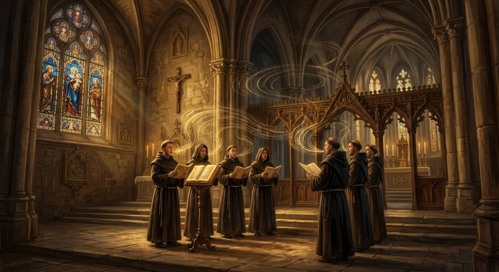 Gregorianische Moenche singen in Kloster Ursprung der Solfeggio Frequenzen