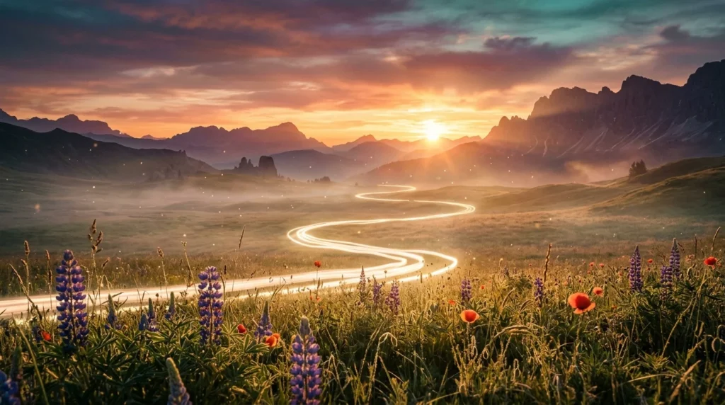 Traumreise fuer Erwachsene cinematic Landschaft Sonnenuntergang Berge Lichtpfad