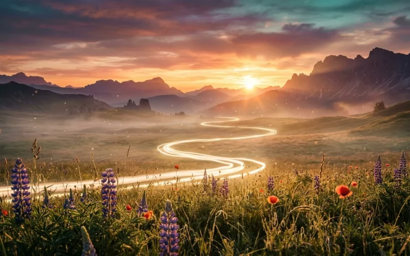 Traumreise fuer Erwachsene cinematic Landschaft Sonnenuntergang Berge Lichtpfad