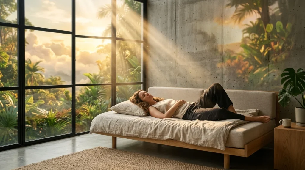 Frau liegt entspannt auf Daybed Traumreise Visualisierung Natur durch Fenster