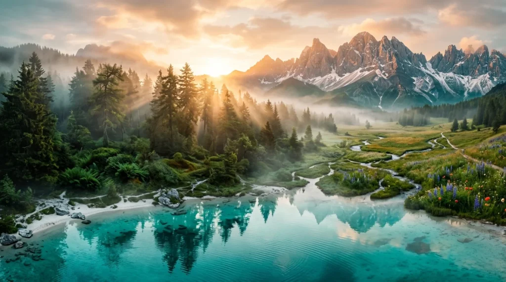 Traumreise Landschaft tuerkise Lagune Wald Berge Sonnenuntergang Panorama