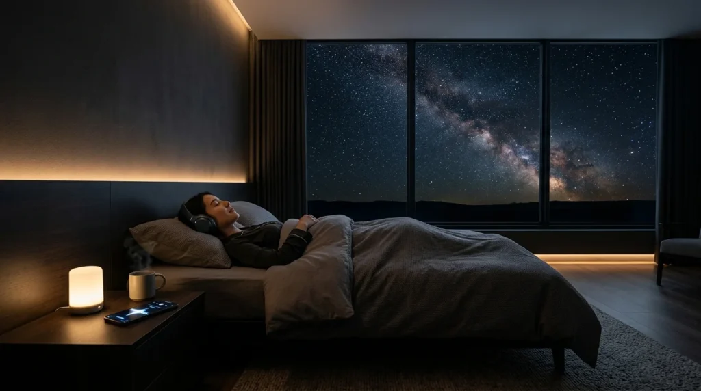 Frau mit Kopfhoerern im modernen Schlafzimmer Milchstrasse Sternenhimmel Entspannung