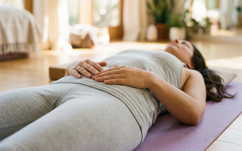Hände auf dem Bauch während Yoga Nidra Tiefenentspannung in Shavasana
