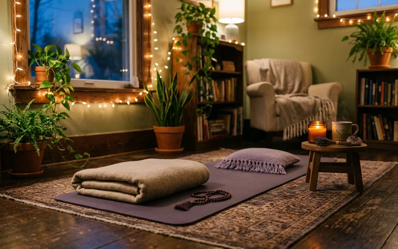 Yoga Nidra zu Hause praktizieren - gemütlicher Übungsplatz mit Yogamatte und Decke