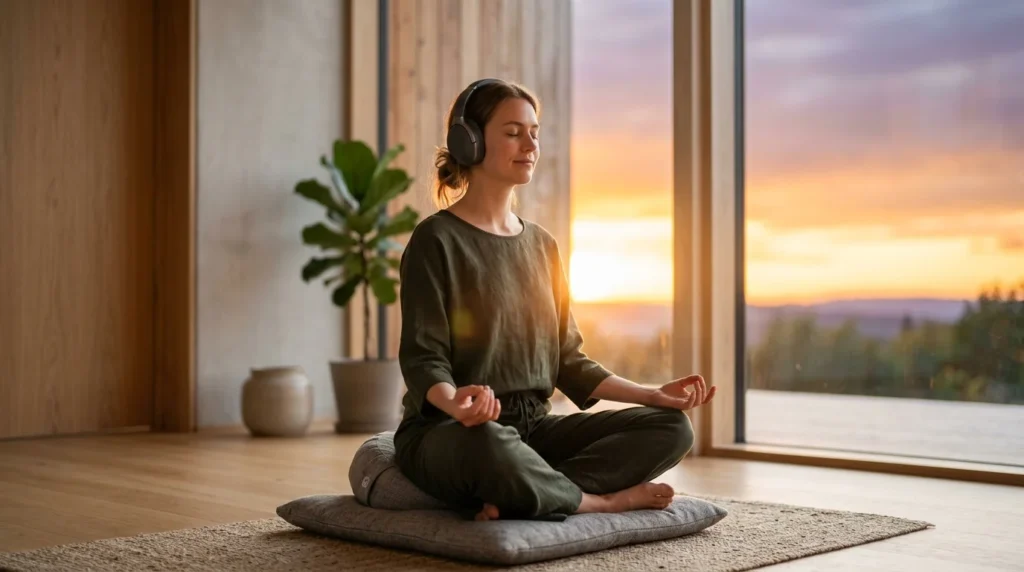 Frau meditiert mit Kopfhoerern bei Sonnenuntergang und hoert 1111 Hz Frequenz