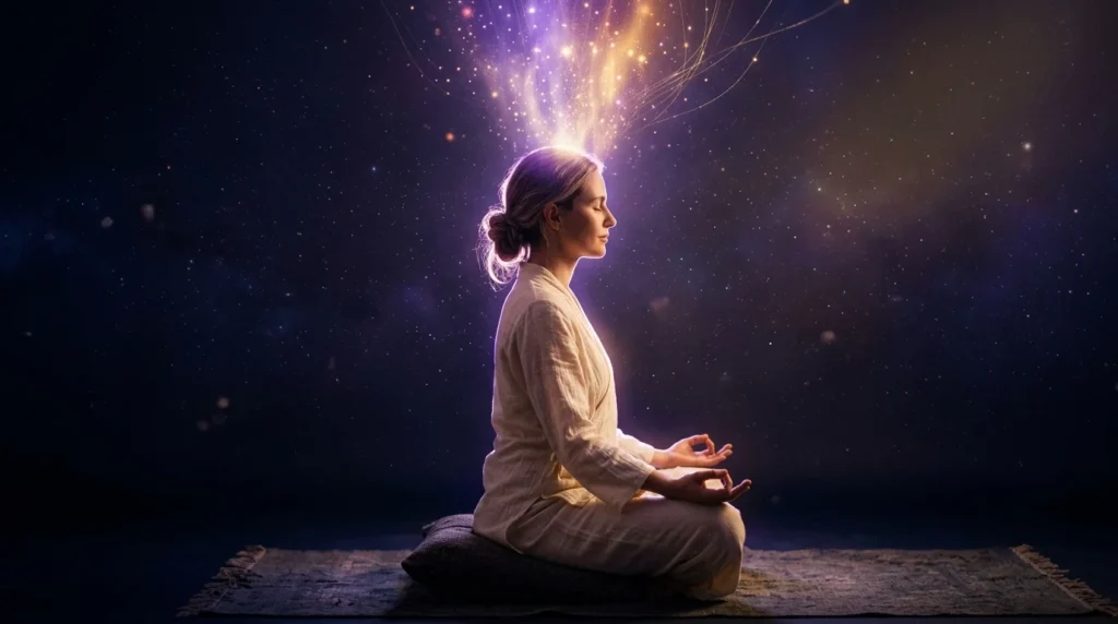 Meditierende Frau mit geoeffnetem Kronenchakra und violett goldenem Aurora Licht fuer 963 Hz Frequenz