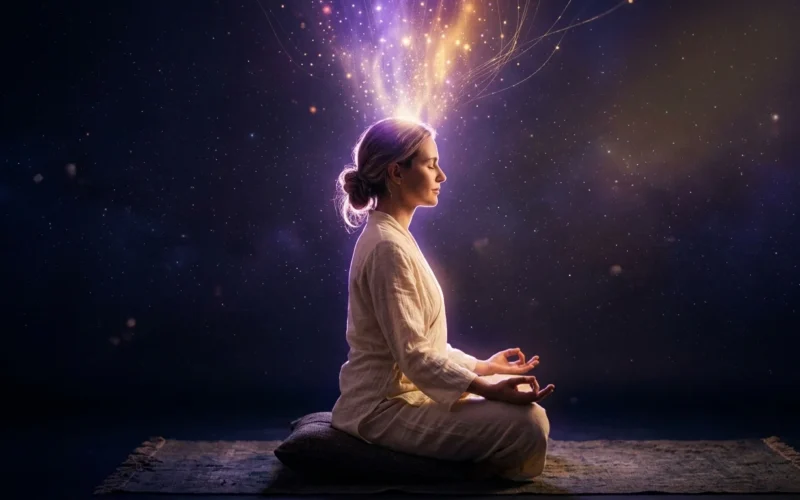 Meditierende Frau mit geoeffnetem Kronenchakra und violett goldenem Aurora Licht fuer 963 Hz Frequenz