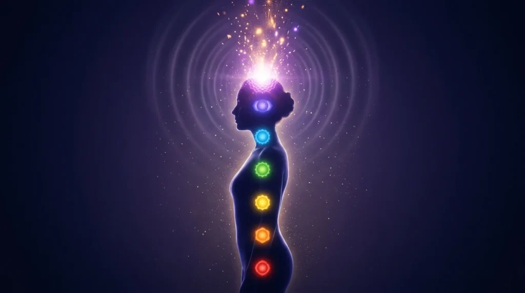 Silhouette mit sieben Chakren und leuchtendem Kronenchakra fuer 963 Hz Aktivierung