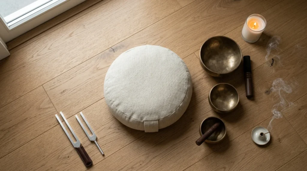 Minimalistischer Meditationsplatz mit tibetischen Klangschalen Stimmgabeln und Kerze fuer 963 Hz Sitzung