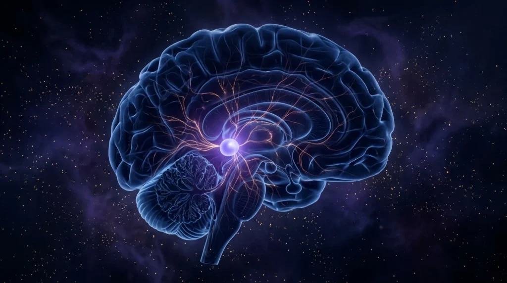 Visualisierung der Zirbelddruese im Gehirn als leuchtende violette Perle fuer 963 Hz Aktivierung