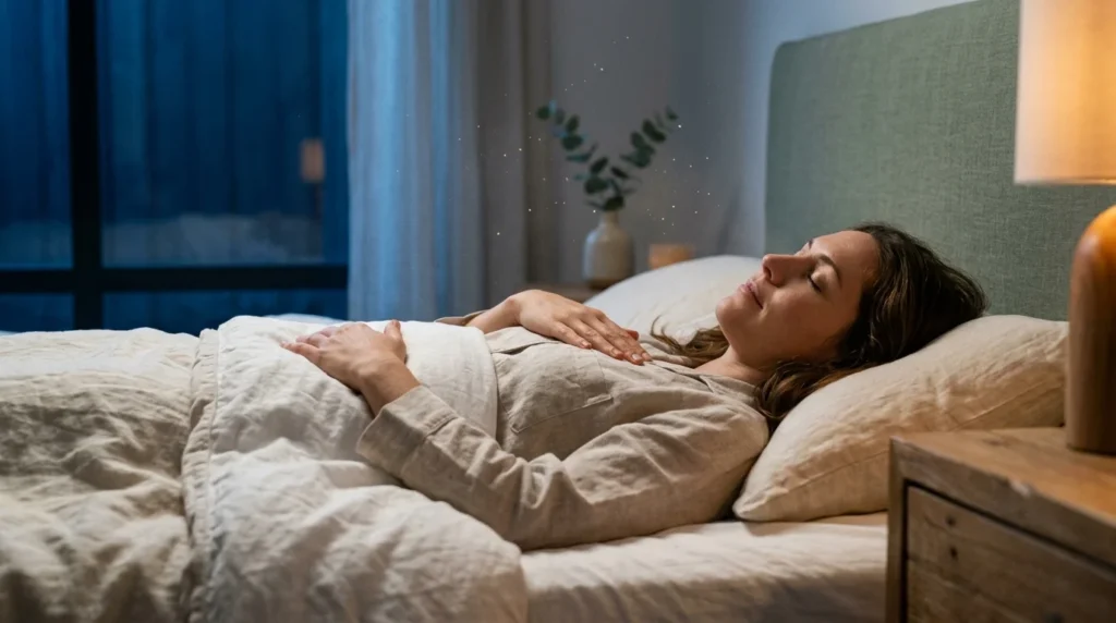 Frau liegt im Bett mit Haenden auf Brust und Bauch bei Atemuebung zum Einschlafen im warm-blauen Nachtlicht