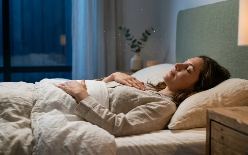 Frau liegt im Bett mit Haenden auf Brust und Bauch bei Atemuebung zum Einschlafen im warm-blauen Nachtlicht