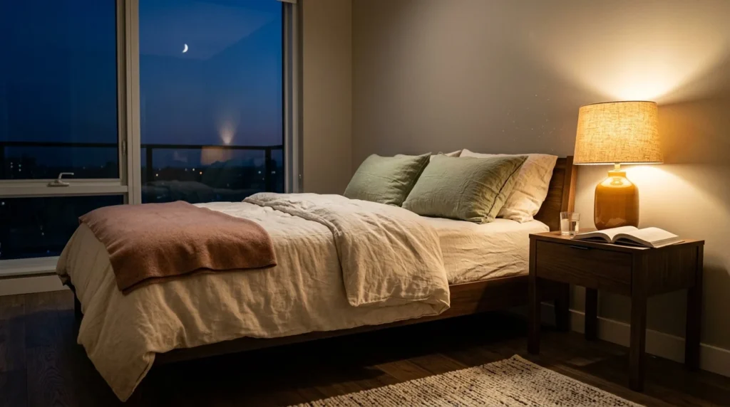 Gemuetliches modernes Schlafzimmer mit warmer Lampe und Bett vorbereitet fuer Abendroutine mit Atemuebungen