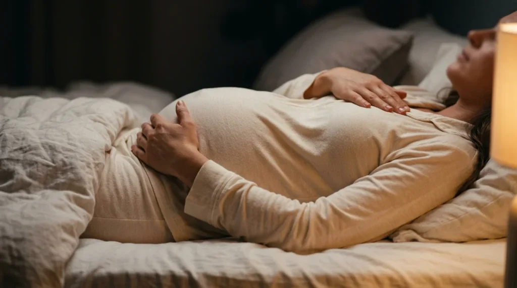 Nahaufnahme von Haenden auf Brust und Bauch bei 4-7-8 Atemtechnik mit sichtbarer Zwerchfellatmung