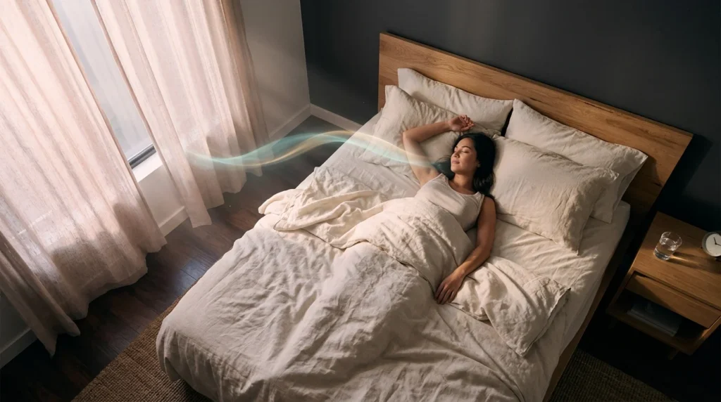 Tiefschlafende Person im Morgenlicht mit ruhigem Atemrhythmus nach erholsamem Schlaf