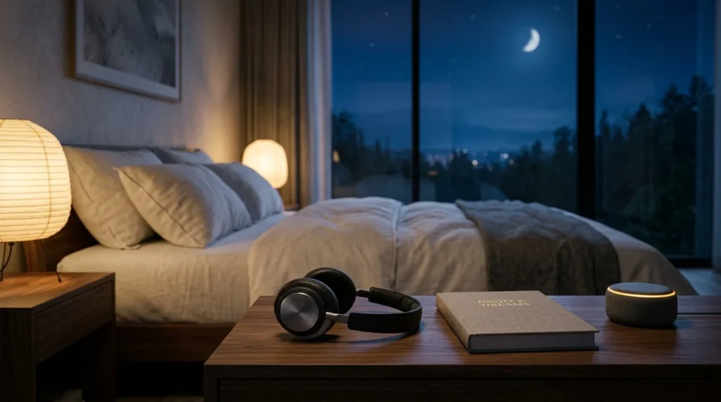 Wireless Over-Ear Kopfhoerer auf Nachttisch im modernen Schlafzimmer fuer binaurale beats vor dem Schlaf