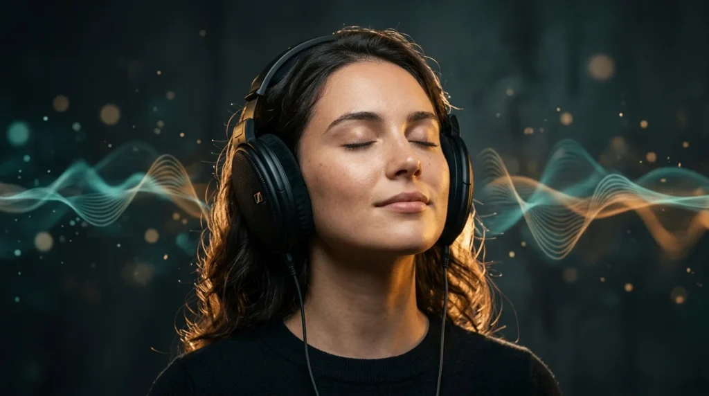 Frau mit schwarzen Over-Ear-Studio-Kopfhoerern hoert binaurale beats in Tiefenentspannung
