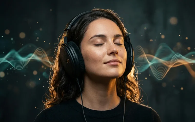 Frau mit schwarzen Over-Ear-Studio-Kopfhoerern hoert binaurale beats in Tiefenentspannung