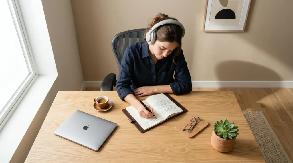 Person konzentriert mit Kopfhoerern am minimalistischen Schreibtisch binaurale beats fuer Fokus und Lernen