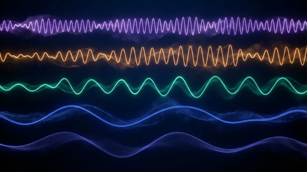 Visualisierung der fuenf Gehirnwellen Delta Theta Alpha Beta Gamma als farbige Frequenzkurven