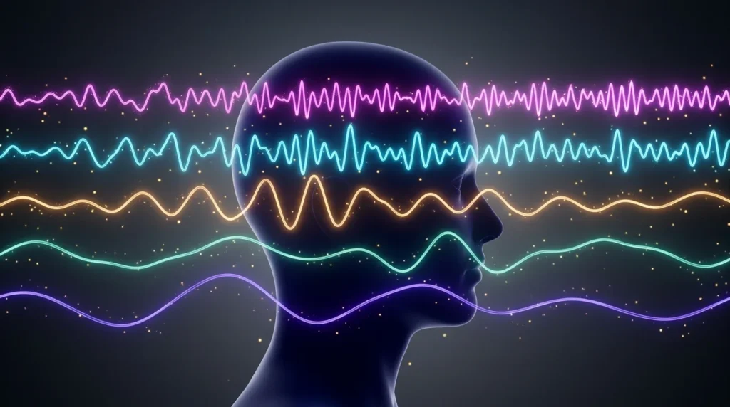 Abstrakte Visualisierung von Alpha Beta Theta Delta und Gamma Gehirnwellen in bunten neon Lichttrails