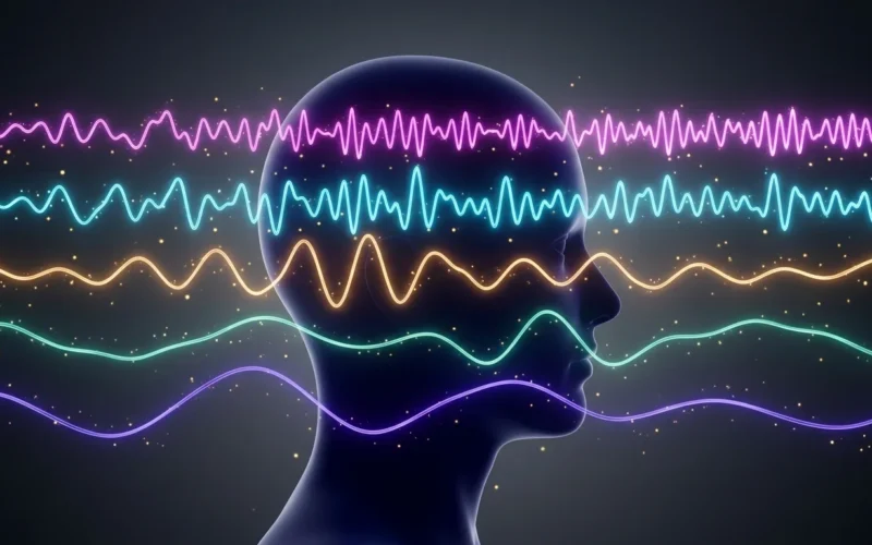 Abstrakte Visualisierung von Alpha Beta Theta Delta und Gamma Gehirnwellen in bunten neon Lichttrails