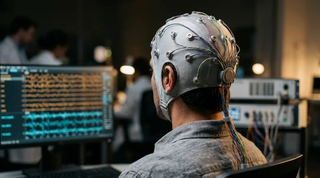Person mit modernem EEG Kopfhaube und bunten Sensoren im Neurowissenschaftslabor mit Gehirnwellen Monitor