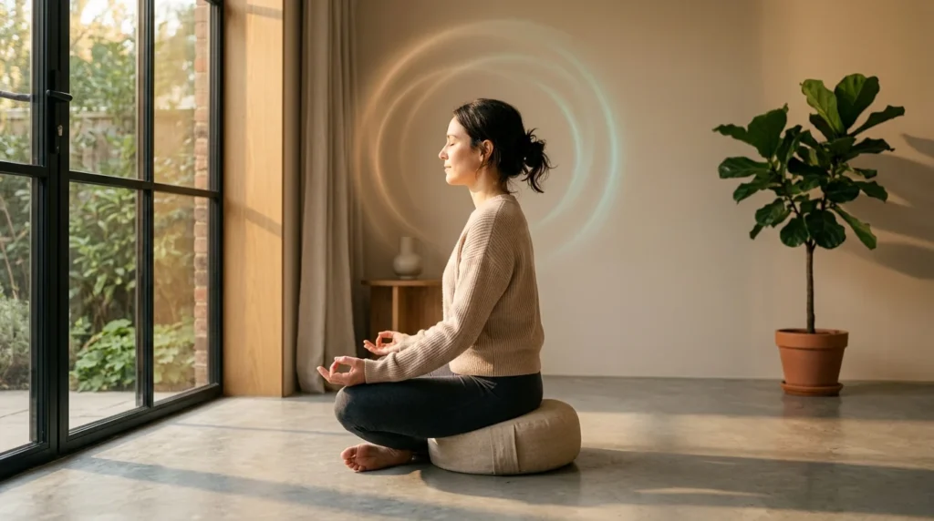 Person in Meditationshaltung mit sanft leuchtenden Alpha und Theta Gehirnwellen in minimalistischem Raum