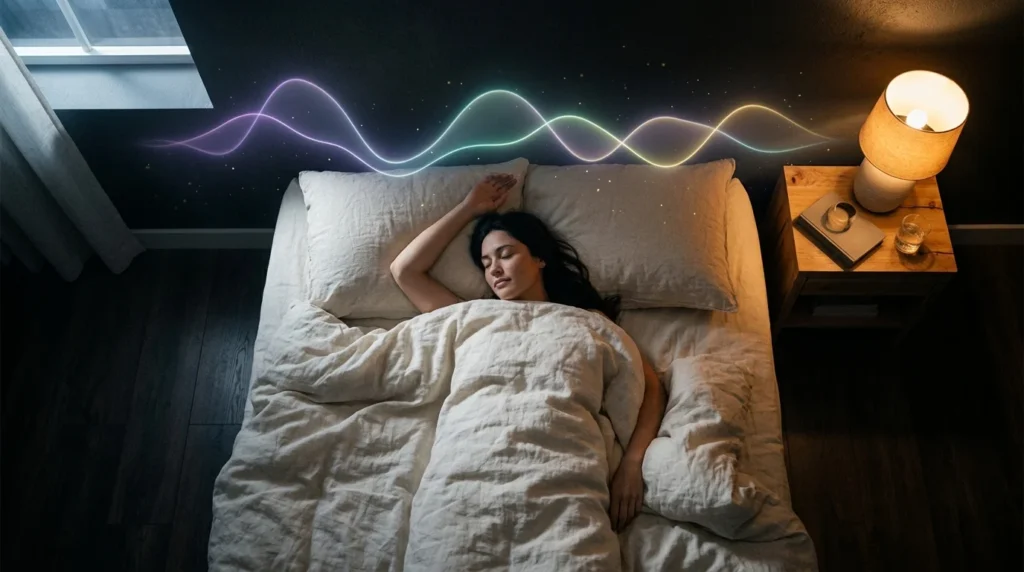 Tiefschlafende Person mit sanft pulsierenden Delta Gehirnwellen in dunklem Schlafzimmer mit Mondlicht