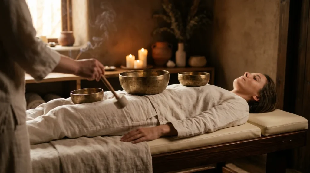Person bei Klangschalenmassage mit drei tibetischen Klangschalen auf bekleidetem Koerper in serenem Therapieraum