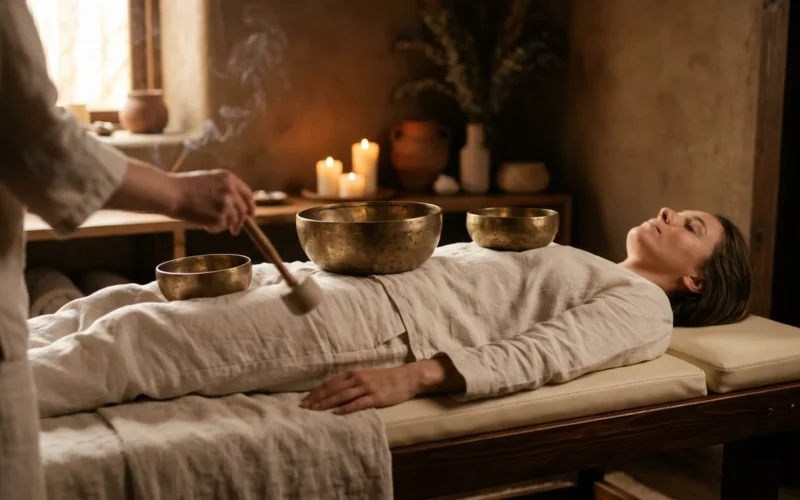 Person bei Klangschalenmassage mit drei tibetischen Klangschalen auf bekleidetem Koerper in serenem Therapieraum