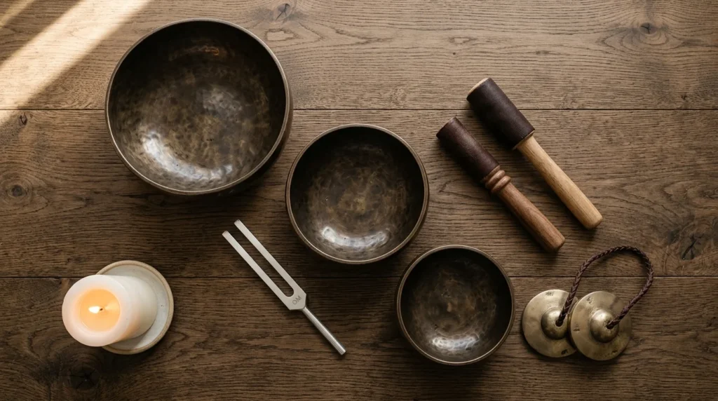 Flatlay Klangschalen Stimmgabel Zimbeln Kloeppel und Kerze auf Eichenholz fuer Klangmassage