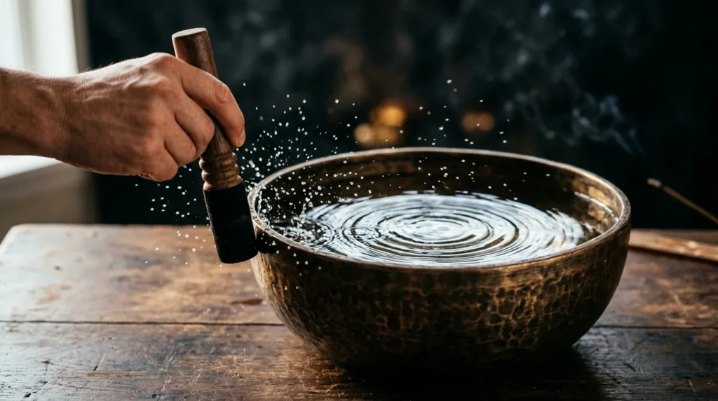 Nahaufnahme tibetische Klangschale mit Wasser und konzentrischen Klangwellen bei Anschlag