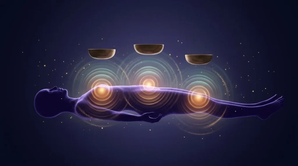 Abstrakte Visualisierung von Klangvibrationen die sich durch Koerpersilhouette ausbreiten