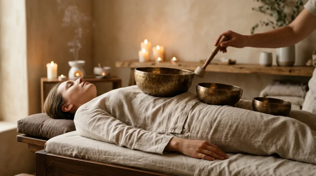 Entspannte Person bei Peter Hess Klangschalenmassage mit drei Klangschalen auf bekleidetem Koerper